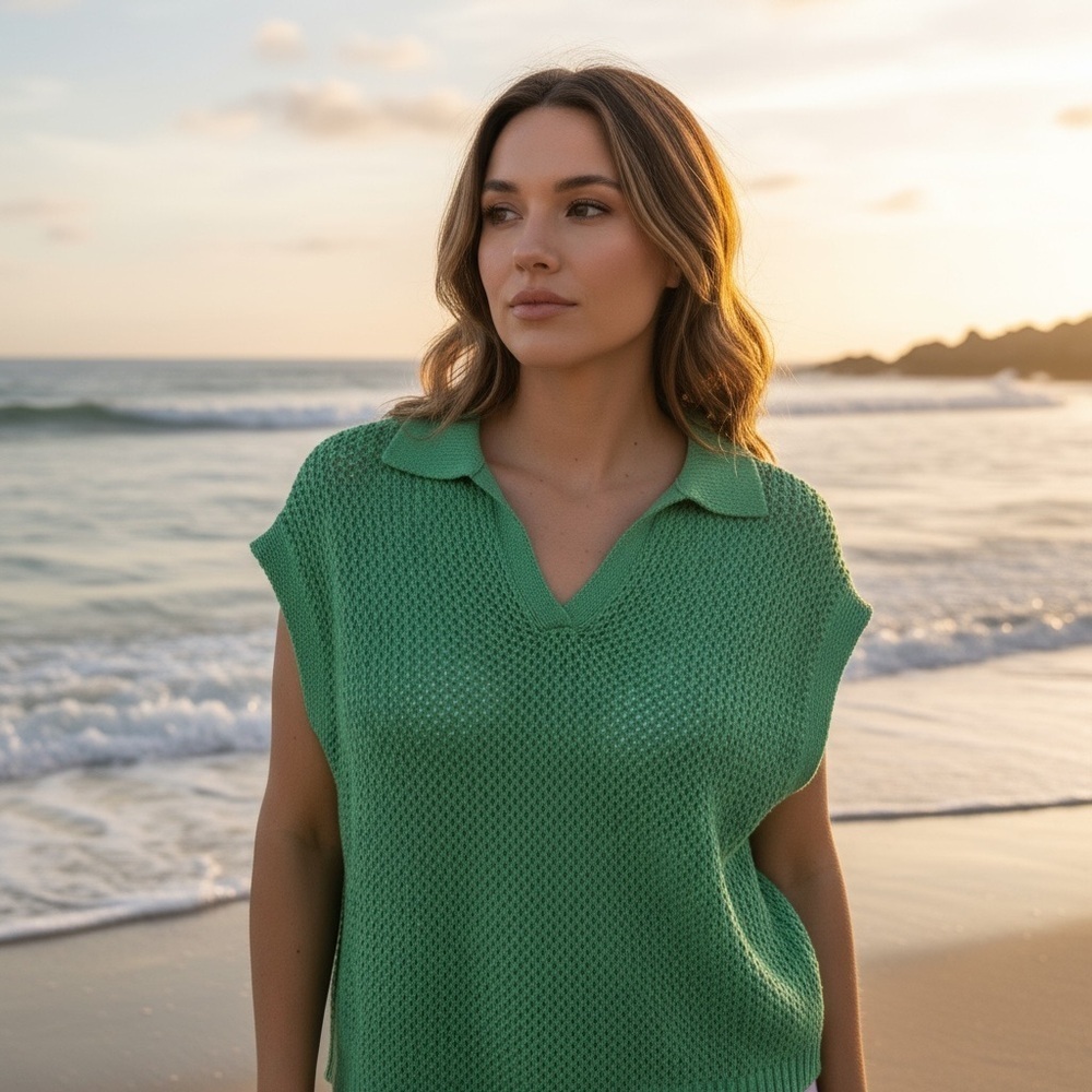 Wooden Ships Women’s Cotton Blend Emma Polo Sweater Vest In Verdigris Size M/L
